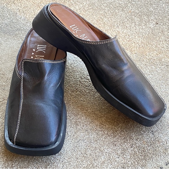 Luc Bernen Shoes - LUC BERJEN Paris Designer Square-toe Black Leather Mules with Low Heels - 6